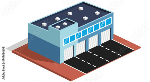 Modern Industrial Building with Loading Docks and Parking Area.