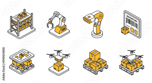 Modern Logistics and Warehouse Automation Icons Set.