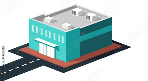 Modern Teal Building with Glass Doors and Rooftop Units.