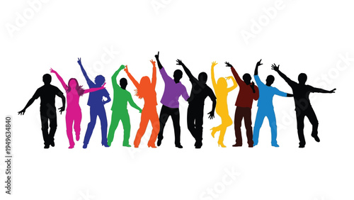 A group of people in different colorful outfits jumping up