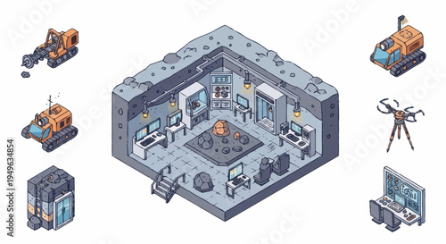 Isometric Science Base with Equipment and Vehicles.