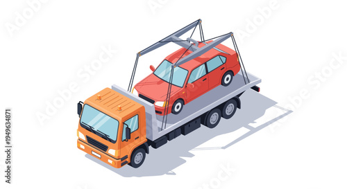Orange Tow Truck Transporting Red Car Isometric View.