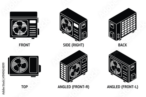 Set of black isometric air conditioner unit views including front top side back and angled perspectives