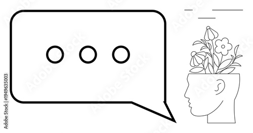 Speech bubble with ellipses and human head filled with flowers representing creativity and growth. Ideal for communication, mindfulness, personal growth, mental health, innovation, self-expression