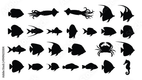 Black silhouettes of various sea creatures