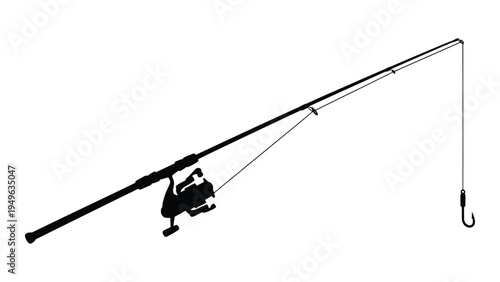 A black fishing rod with a reel and hook