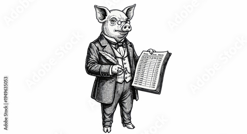 Anthropomorphic Pig Businessman Holding Financial Report Document.