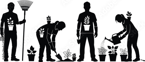 Gardener silhouettes planting watering and caring plants sustainable gardening concept people with garden tools eco lifestyle vector illustration
