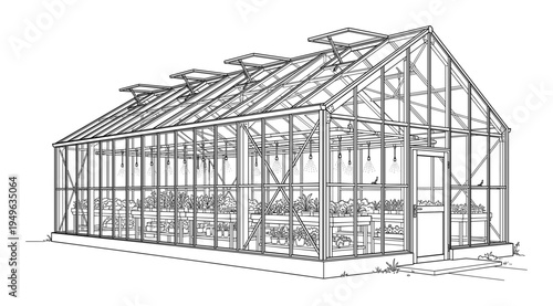 Detailed architectural drawing of a greenhouse structure filled with various plants on shelves