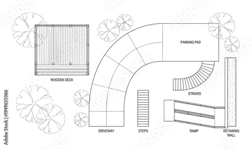 Top view landscape plan showing a variety of residential outdoor features including parking pad and driveway