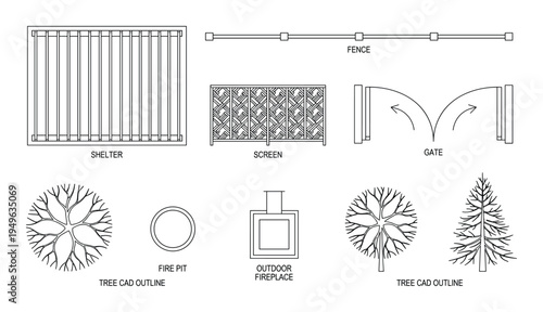 Landscape design elements architectural plan set shelter screen fence gate fire pit outdoor fireplace trees