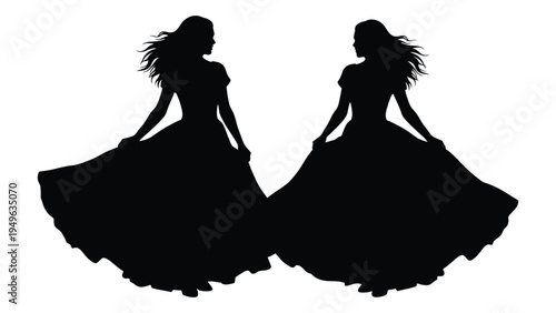 Two women in ball gowns standing side by side
