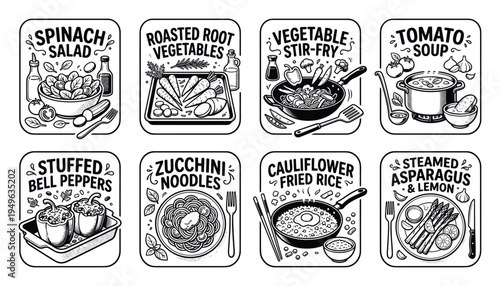 Healthy recipe labels featuring vegetarian dishes and cooking instructions in decorative frames