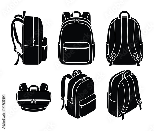 Backpack icons in different views, front, side, back, isometric, top, black silhouette