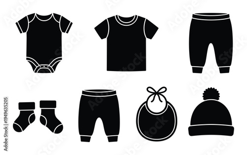 Baby clothes set with onesie, t shirt, pants, socks, hat, and bib in black silhouette