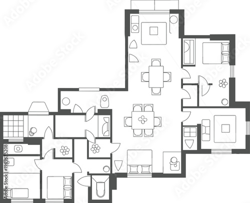 Flat vector apartment floor plan, three-bedroom residential layout design