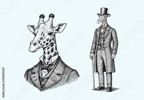 Elegant Giraffe Dressed in Vintage Formal Attire.