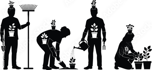 Silhouette gardeners planting watering and nurturing plants eco growth concept sustainable environment teamwork agriculture nature care vector illustration gardening activity