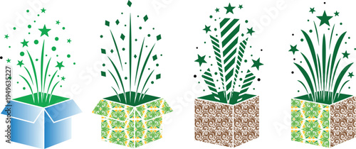 Open gift box with green confetti stars and fireworks burst colorful celebration surprise package vector illustration festive design