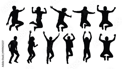 A group of people jumping in the air with their arms raised