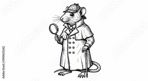 Detective Mouse Character Illustration Holding Magnifying Glass.