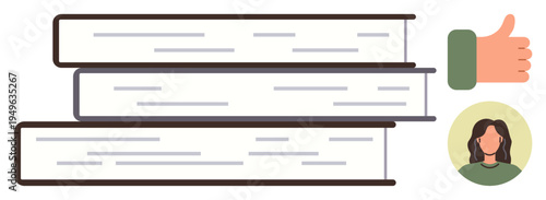 Education, learning resources, reading habits, knowledge sharing, personal development, approval. Stack of books next to a thumbs-up and female avatar icon. Education and reading habits concept