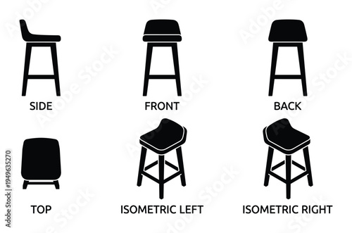 Bar stool icon set isolated on transparent background, bar chair in side, front, back, top, isometric left, and isometric right views, stool for kitchen or cafe