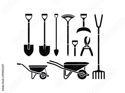 Garden tools silhouette icon set illustration, black vector collection of wheelbarrows yard maintenance tools landscaping equipment and agriculture symbols.