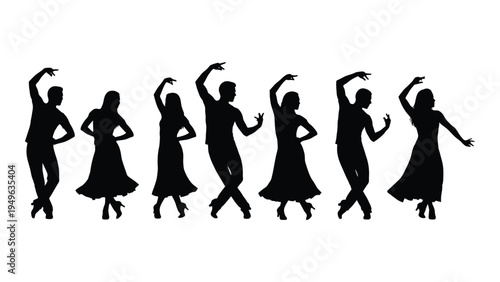 A group of people dancing in various poses