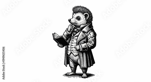 Anthropomorphic hedgehog dressed in Victorian attire holding a book.