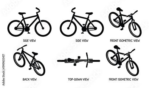 Set of various bicycle views including side, front isometric, back, and top-down perspectives