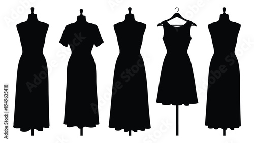 Five black silhouettes of different dresses on mannequins