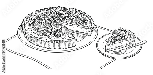Detailed line art of berry tart and slice on a plate with a fork and knife