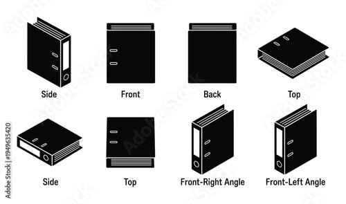 Set of different views and angles of a black binder on a transparent background vector illustration