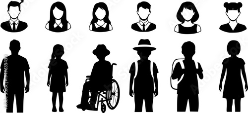 Silhouettes of seven people and seven profile avatar icons on white background Keywords: people, silhouette, avatar, icon, man
