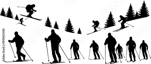 Silhouettes of snowboarders performing tricks on white background snowboarding winter
