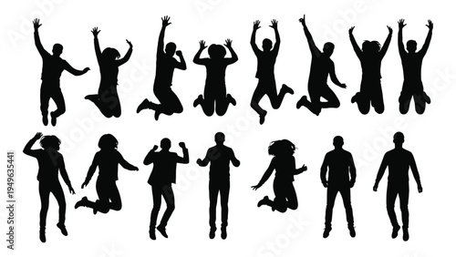A group of people in various jumping and dancing poses