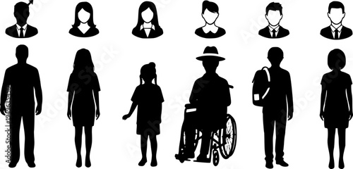 Silhouettes of seven people and seven profile avatar icons on white background Keywords: people, silhouette, avatar, icon, man
