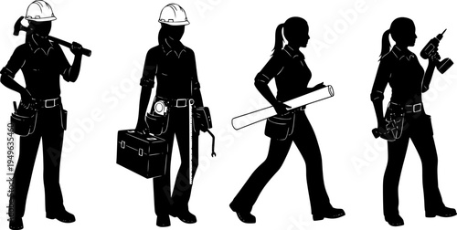 Four black silhouette female construction workers with tools and equipment woman
