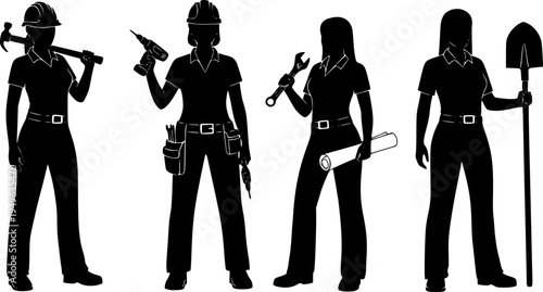 Four black silhouette female construction workers with tools and equipment woman
