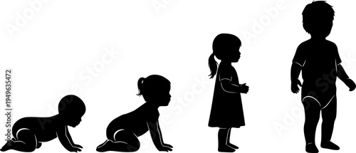 Child growth silhouette vector, baby to toddler development, crawling to standing poses, black icons for parenting, education, childhood stages, medical concept 