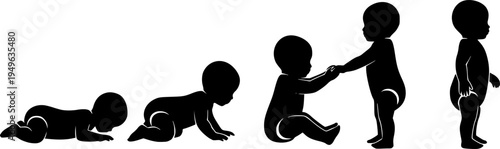 Child growth silhouette vector, baby to toddler development, crawling to standing poses, black icons for parenting, education, childhood stages, medical concept 