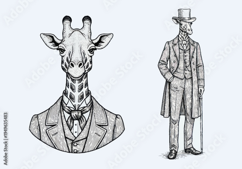 Elegant Giraffe Dressed in Vintage Formal Attire.