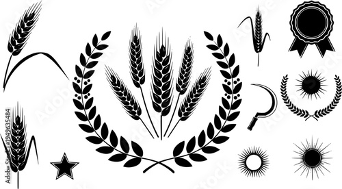 Set of black wheat ears and laurel wreath vector icons, agricultural crop design elements, award symbols, retro vintage emblem collection illustration, isolated