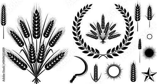 Set of black wheat ears and laurel wreath vector icons, agricultural crop design elements, award symbols, retro vintage emblem collection illustration, isolated