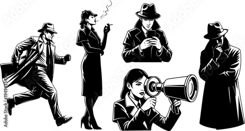 Detective silhouette vector set with man running, woman smoking, person using phone, female investigator with magnifying glass, mystery crime illustration design