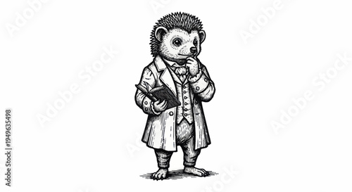 Whimsical Hedgehog Gentleman in Victorian Attire Holding a Book.