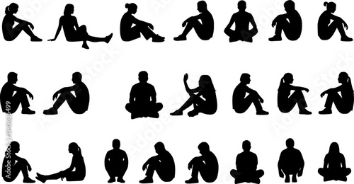 Collection of black human silhouettes in various crouching and sitting poses Keywords: silhouette, people, human, figure, man
