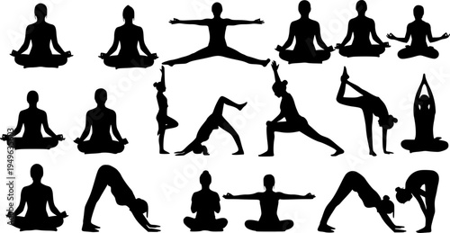 Collection of Yoga and Meditation Silhouettes on White Background pose exercise
