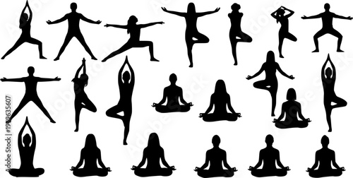 Collection of Yoga and Meditation Silhouettes on White Background pose exercise
